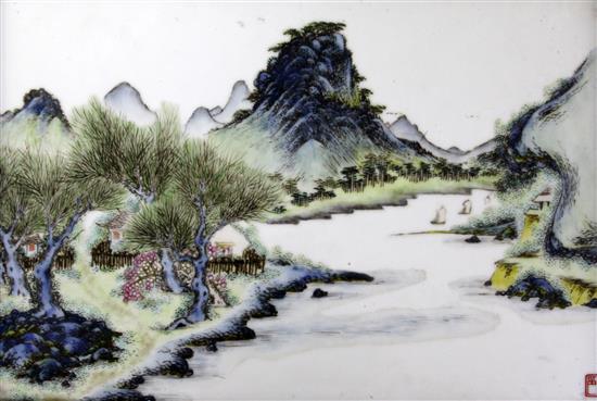 Two Chinese famille rose porcelain landscape plaques, Republic period,